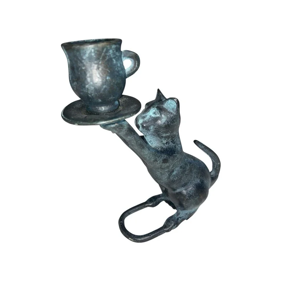 Vintage Bronze Cat Holding Tea Cup Candle Holder